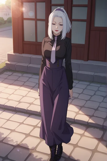 score_9, score_8_up, score_7_up, score_6_up, score_5_up, score_4_up, BREAK source_anime, 1girl, solo,
<lora:MeimeiXL-v1-06:0.8>, ChopioMeiMei, white hair, looking at viewer,
medium breasts, purple nails,
medium hair, high ponytail, sidelocks, hair scrunchie, parted bangs, purple eyes, half-closed eyes, red lipstick,
outfit_2, black shirt, shirt tucked in, necktie, purple skirt, high-waist skirt, long skirt, boots, cross-laced footwear, black footwear,
town, window, outdoors, cobblestone, smile, parted lips, sunny, sunlight, light rays, lens flare,
