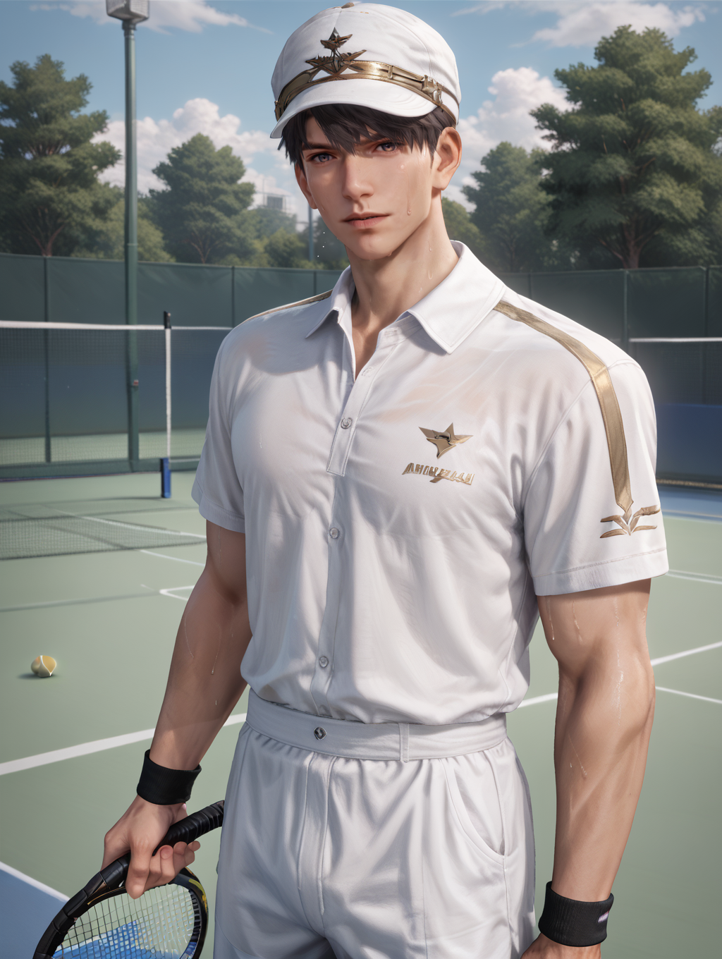 score_9,score_8_up,score_7_up,1boys,solo,yaoi,bara,male focus,nsfw,uncersored,highres,best quality,amazing quality,best aesthetic,absurdres,<lora:caleb-000004:0.8>,caleb,tennis_uniform,standing,holding hat,looking at viewer,sweat,tennis court,