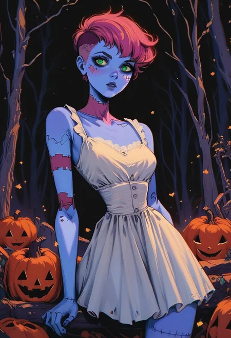 score_9, score_8_up, score_7_up, score_6_up, hllwn, halloween, vintage, 1girl, pink hair, short pixie hair, green eyes, stitches, sundress, patchwork clothes, narrow waist, colored skin, blue skin, halloween, pumpkins, dark forest, portrait