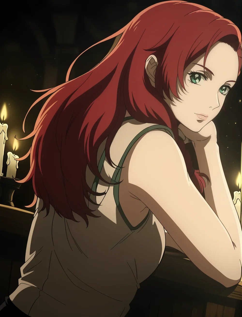 best quality, highres, HeraHammerhand, solo, red hair, long hair, braid, green eyes, nordic tunic, black pants, realistic background, blurry background, bokeh, shadows, shadow, looking back at viewer, dynamic pose, dynamic angle, candlelight, dim lighting, indoors, dark scenery, dark, seductive expression, hands on table, angle <lora:HeraLOTR:0.9>