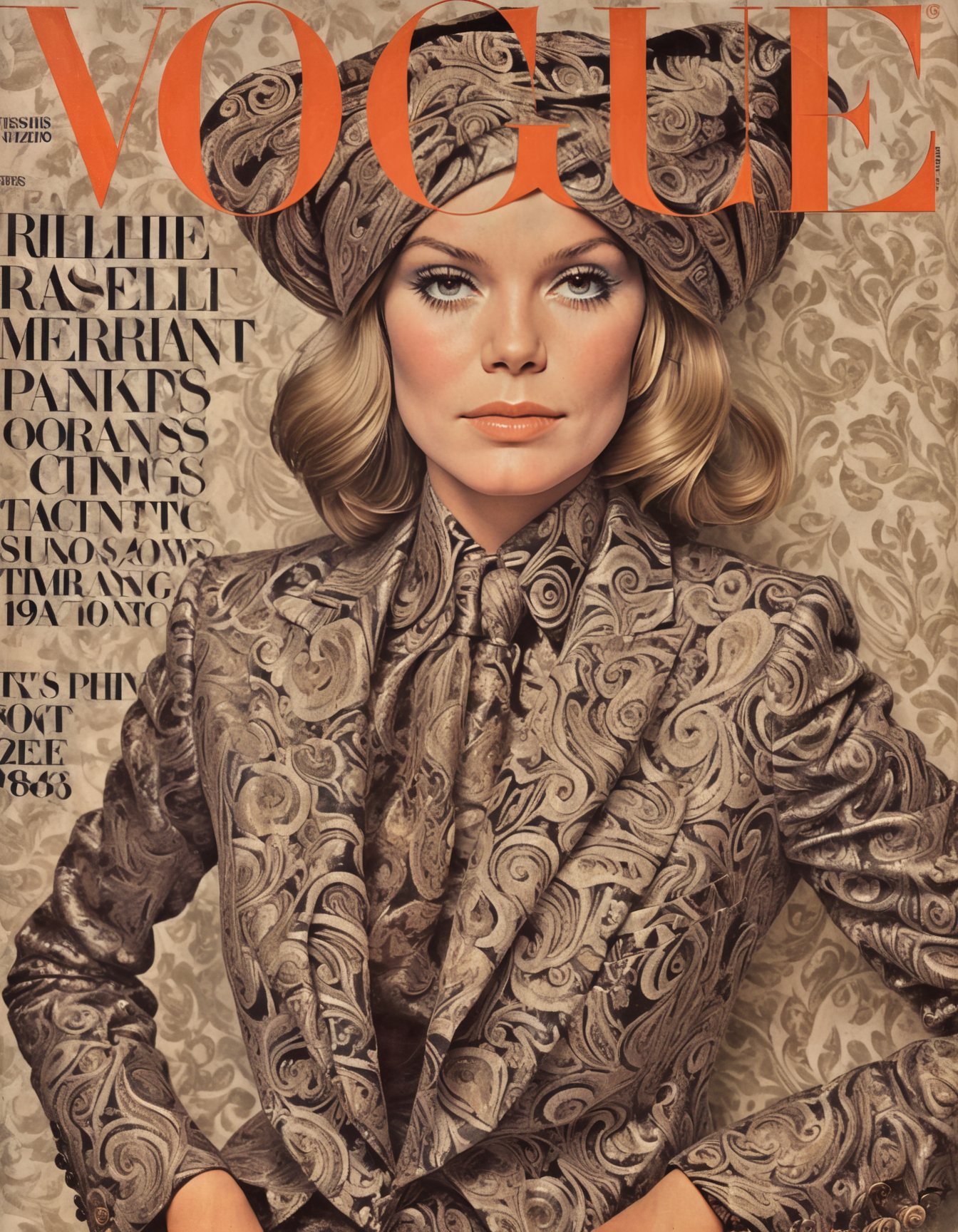 She tailored wide lapels, velvet suits, paisley prints, hipster chic, suave sophistication, Rolling Stone Fashion Feature, vintage vinyl records.,highly intricate,(VOGUE Cover Magazine:1.15),1968, 60s, black letters, hyper detailed, photorealistic,,