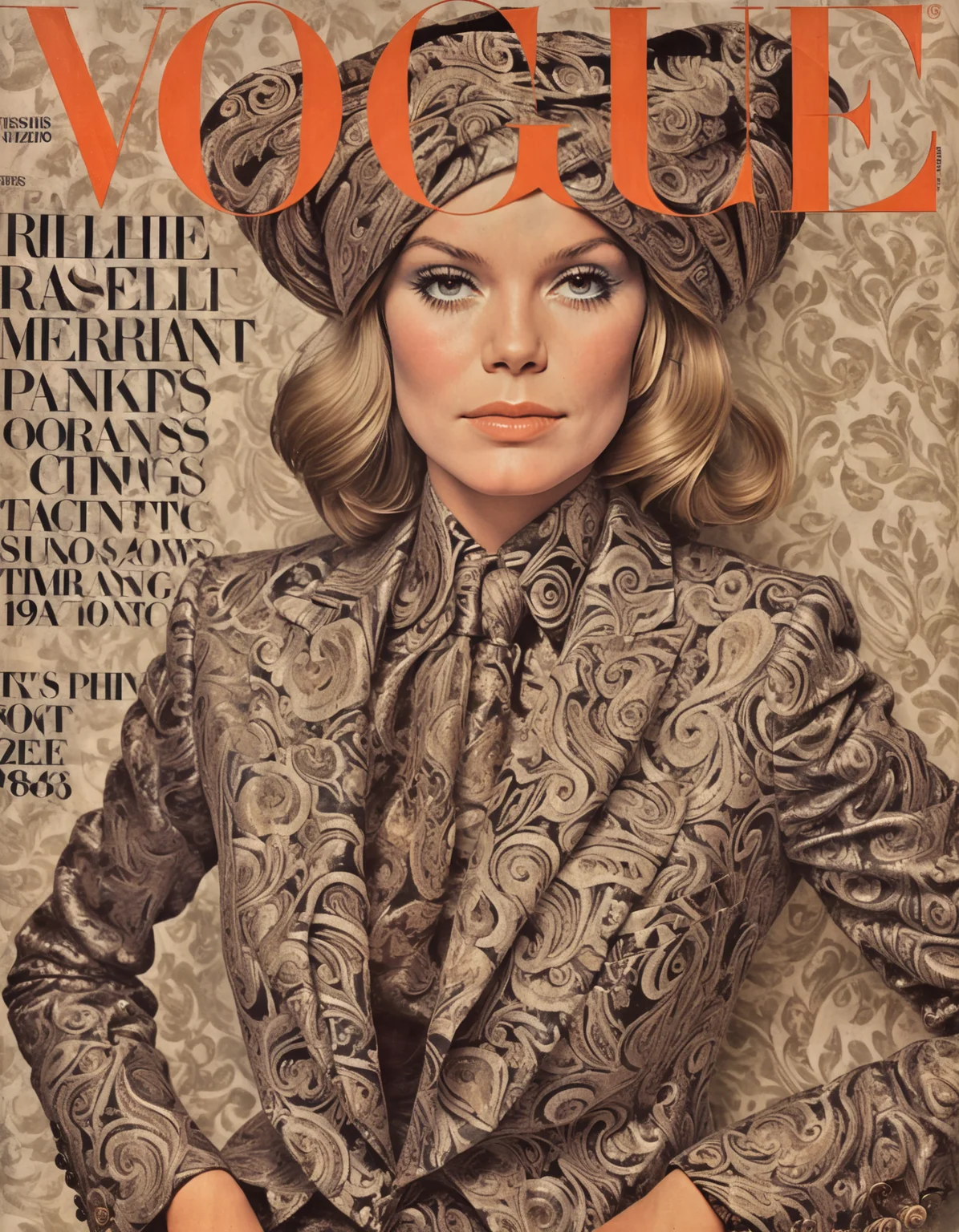 She tailored wide lapels, velvet suits, paisley prints, hipster chic, suave sophistication, Rolling Stone Fashion Feature, vintage vinyl records.,highly intricate,(VOGUE Cover Magazine:1.15),1968, 60s, black letters, hyper detailed, photorealistic,,