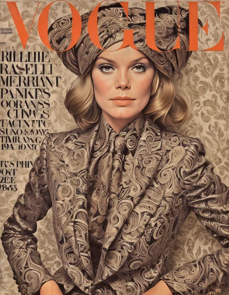 She tailored wide lapels, velvet suits, paisley prints, hipster chic, suave sophistication, Rolling Stone Fashion Feature, vintage vinyl records.,highly intricate,(VOGUE Cover Magazine:1.15),1968, 60s, black letters, hyper detailed, photorealistic,,