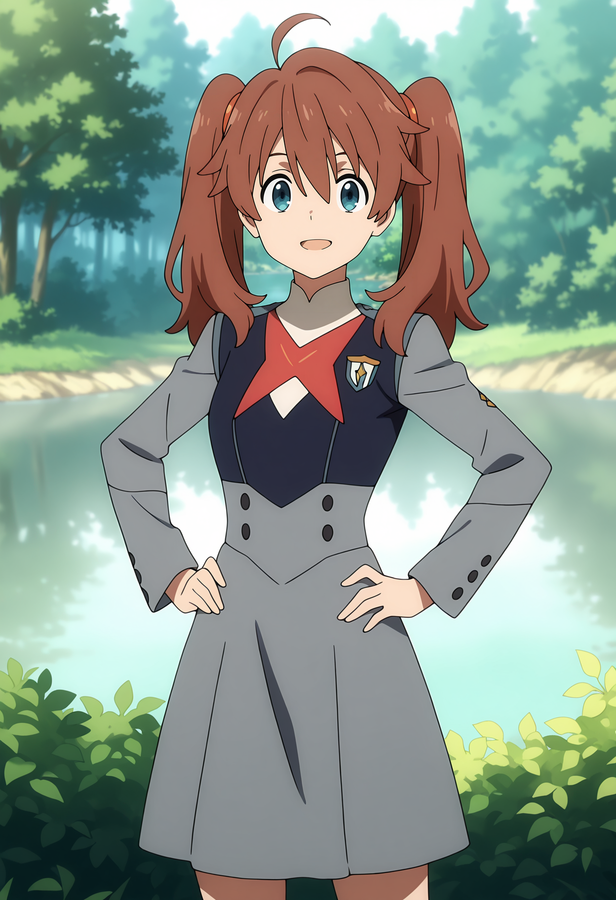 anime screencap, masterpiece, best quality,
<lora:DarlingInTheFranxx_Miku_IlluXL:0.9>,
1girl, solo, open mouth, light smile,
twintails, hair between eyes, ahoge, long hair, brown hair, blue eyes, hair tie,
short dress, grey dress, long sleeves,
hands on own hips, standing, looking at viewer, cowboy shot,
forest, foliage, lake, steam, fog, day, blurry background