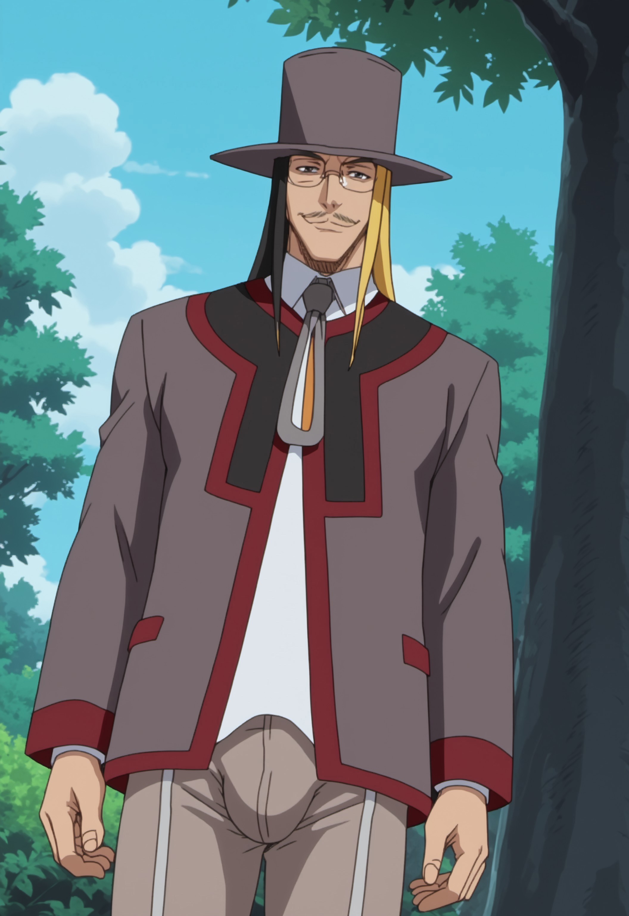 safe_pos, score_9, score_8_up, score_7_up, rating_nsfw, ultra hd, absurdres, best quality, best aesthetic, solo, 1boy, male focus, erotic, mature male, Expressiveh, wolfconf, anime screencap

BleachKurodo, hat, blonde and black hair, long hair, glasses, mustache, cloaked suit with pants, anime screencap, smile, looking at viewer, outdoors, dutch angle, bulge