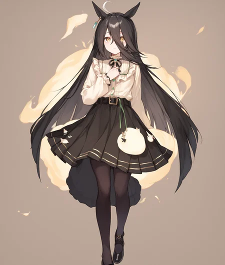 score_9, score_8_up, score_7_up, 2D, anime BREAK
casual_clothes, 1girl, solo, long hair, looking at viewer, bangs, skirt, shirt, black hair, long sleeves, holding, animal ears, hair between eyes, jewelry, full body, yellow eyes, ahoge, pantyhose, multicolored hair, earrings, belt, black skirt, black footwear, horse ears, horse girl, 
<lora:Manhattan Cafe-ponyXL_locon:1>,