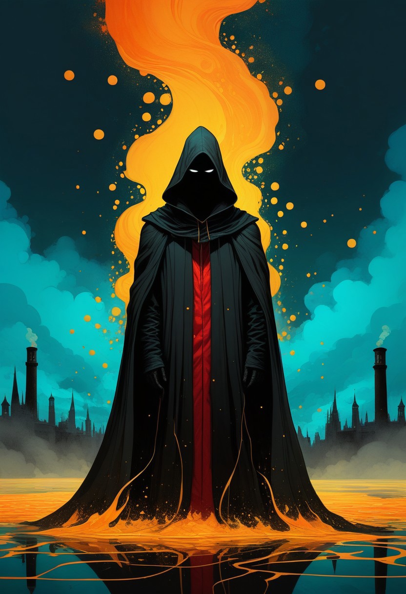 oniric portrait of a tall cloaked vampire lord with a black mask and red neon clothing, Azem the Traveler, yearning to explore the ends of the world to discover its wonders and help its denizens, by Andy Kehoe, a gradient masterpiece, blue cyan yellow, Rococopunk, luminism, seamless, China ink, Ink Bubbles, Gold leaf lines, alcohol ink elements, curved lines, cinematic, realism, chiaroscuro, Shadow play, Gold leaf small lines, bright orange splashes of alcohol ink puddles, volumetric light, auras, rays of sunlight, bright colors reflect, isometric, digital art, smog, pollution, toxic waste, chimneys and railroads, 3d render, chromatic aberration, octane render, volumetrics, by greg rutkowski