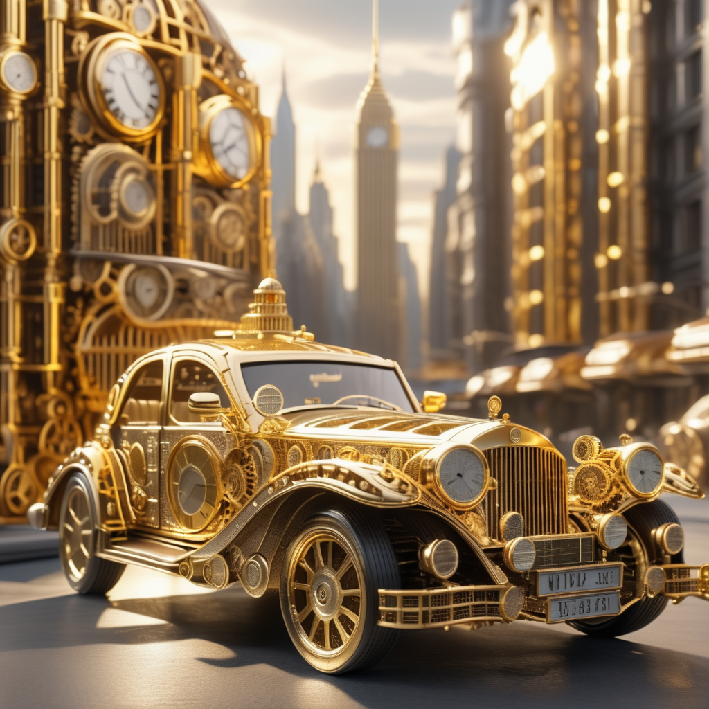 timeart golden time car in big city , very realistic, very detailed, cinematic, professional light<lora:timeart:1>