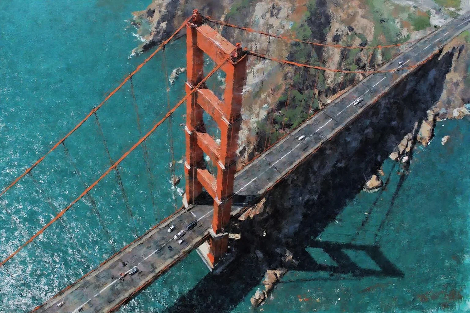 marklague1 painting.
Aerial view of the Golden Gate Bridge with orange-red towers visible above turquoise water. Vehicles travel across the bridge. The structure includes thick cables. Rocky cliffs and greenery surround the scene. <lora:marklague1_cap_d8a4e12:1.0><lora:855112886723341352:0>