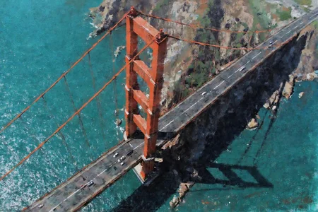 marklague1 painting.
Aerial view of the Golden Gate Bridge with orange-red towers visible above turquoise water. Vehicles travel across the bridge. The structure includes thick cables. Rocky cliffs and greenery surround the scene. <lora:marklague1_cap_d8a4e12:1.0><lora:855112886723341352:0>