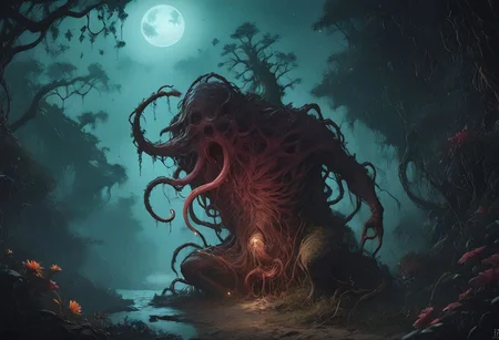 score_9, score_8_up, score_7_up, score_6_up, score_5_up, score_4_up, rating_explicit, source_western, no humans, BREAK,
giant tree is a monster, bark of flesh and veins, tentacles entwine the trunk and branches like a vine, flesh flower from hell, ugly biomass, blood,
floating rocks in black astral space,
horror at night, high resolution details, ultra detailed, 8k, uhd, studio photo quality,