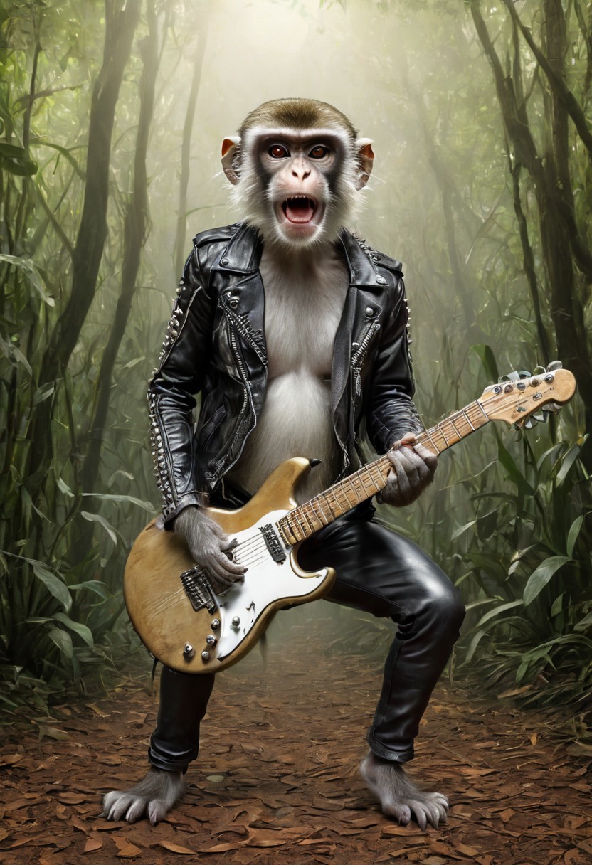 "Vervet monkey", "ultra realistic with high quality and ultra detail with excellent focus of Vervet monkey, presented as a rocker, rocker leather jacket and rocker leather hat on his head, playing electric guitar, in a scene with a lot of svelte and explosive effects, in jungle, forest,
