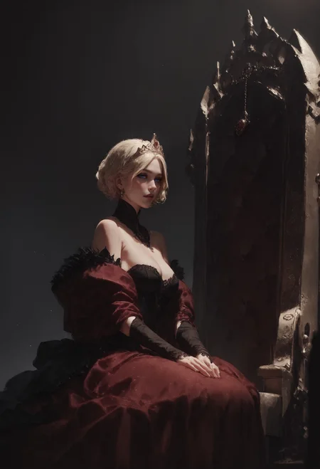 score_9, score_8_up, score_7_up, queen, blonde hair, portrait, short hair, sitting on a golden throne, red royal dress, castle room, ornate dress, intricate fabrics, white fur, throne room, golden tiara, dark theme, majestic, fantasy, magic <lora:pony/twilight_style:0.8> <lora:pony/expressiveh:0.8> expressiveh <lora:sdxl/sinfully_stylish_sdxl>