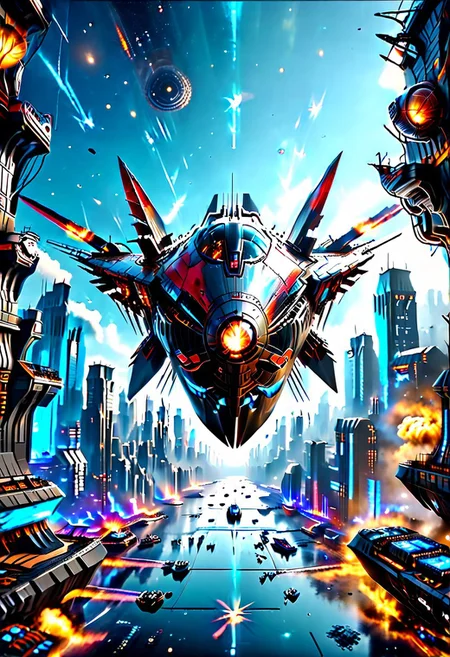 high quality, 8K Ultra HD, highly realistic, The great and sleek black ship is moving forward, flying over a futuristic cyberpunk city. It has powerful guns that are firing blue lasers . Embark on an enchanting 8K photorealistic journey. The starship's design boasts advanced technological elements. The camera captures every minute detail, by VelvetS, octane render,from slightly to the side. perfectly symmetrical ship. Weapons fire blue energy beams,
<lora:DonM3t3rn1tyXL-v1.1:0.7>, DonM3t3rn1tyXL,
OverallDetailXL <lora:MJ52:0.3> <lora:SDXLFaeTastic2400:0.4>