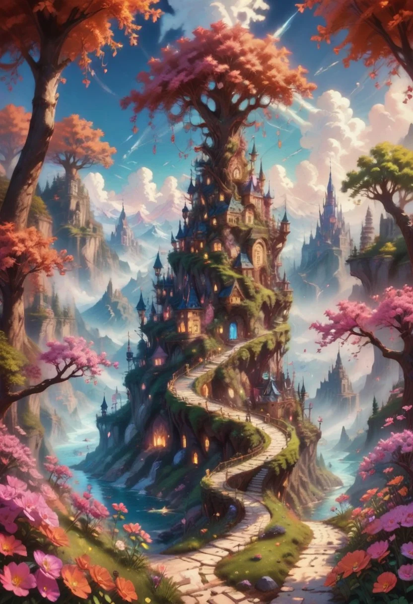 A serene fantasy landscape with a stone path leading into a lush valley framed by pink-blossomed trees. Bright flowers, ancient buildings, misty mountains, and a winding river create a peaceful, mystical atmosphere under a vibrant blue sky with floating clouds. Birds soar near the peaks, adding to the idyllic, magical feel of this inviting scene., bl4ckl1ghtxl, Jed-ANC