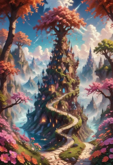 A serene fantasy landscape with a stone path leading into a lush valley framed by pink-blossomed trees. Bright flowers, ancient buildings, misty mountains, and a winding river create a peaceful, mystical atmosphere under a vibrant blue sky with floating clouds. Birds soar near the peaks, adding to the idyllic, magical feel of this inviting scene., bl4ckl1ghtxl, Jed-ANC