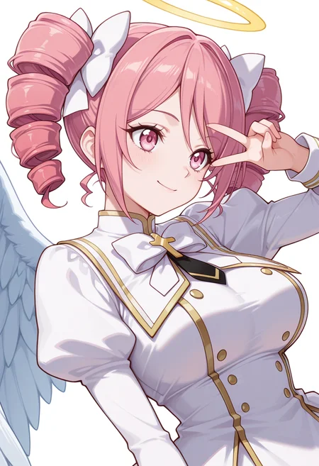 Smooth Quality,masterpiece,very intricate, high quality details, ultra realistic, high detailed skin,detailed enviorement,absurdres,
v over eye,
<lora:Pino_CNR:0.8>
pino_cnr, 1girl, pink hair, short hair, twintails, drill hair, pink eyes, large breasts,
pino_cnr_def, white dress,white bow, hair bow, hair ribbon, cross, necktie, long sleeves, juliet sleeves, halo, angel wings,, simple background, white background, sideways,solo,, in heat,