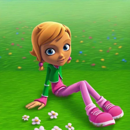 score_9, solo, cathy_mbc, 1girl, blonde_hair, short hair, hair bobbles, blue eyes, sweater, vest jacket, pants, sitting, picnic, grass, flowers, looking at viewer