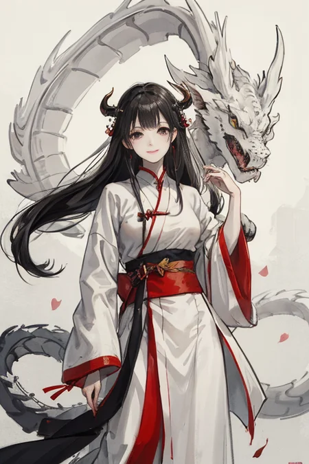 negative space, shuimobysim, masterpiece, best quality:1.2), traditional chinese ink painting,
peaceful, (smile), looking at viewer, wearing long hanfu, white hanfu,
A white dragon with hudge dragon head, A chinese dragon surrounded,
<lora:Moxin_10:0.3>