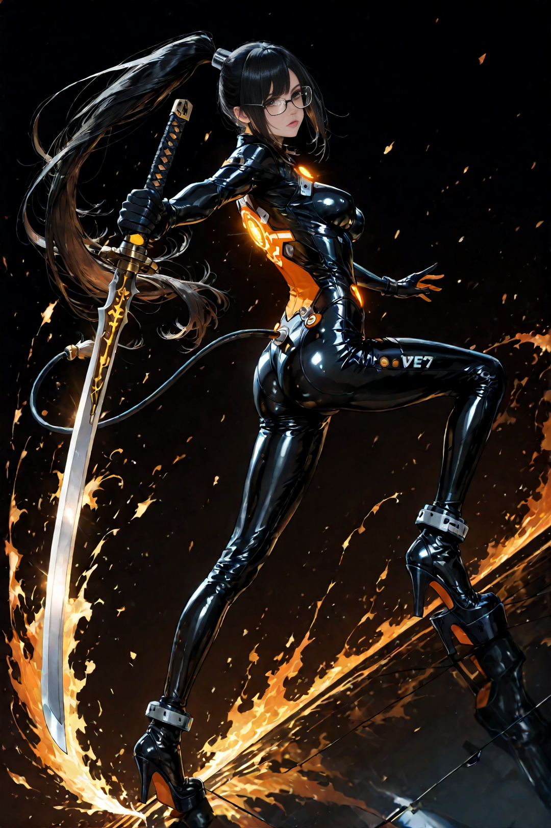 score_9, score_8_up, score_7_up, 1girl, solo, ultra detailed, eve (stellar blade), hyper realistic, dynamic angle, dynamic pose, long pony tail hair, black hair, brown eyes, square glasses, medium breasts, black latex, bodysuit, orange glowing suit parts, high heels, ass, thighs, holding katana, dark background, <lora:add_detail:1> <lora:Expressive_H:1>