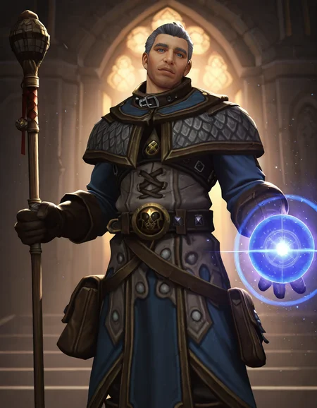 cinematic_depth, 8k, soft_lighting, warm_glow, ultra_high_quality, masterpiece, best quality, newest, perfect quality, intricate details, detailed background, male focus, realistic, solo, <lora:World Of Warcraft - Archmage Khadgar - Illustrious-000006:0.7> wow_khadgar, 1boy, mature male, grey hair, short hair, blue eyes, stubble, robe, brown gloves, belt, satchel, brown boots, head tilt, looking at viewer, holding staff, casting spell, arcane orb, holding