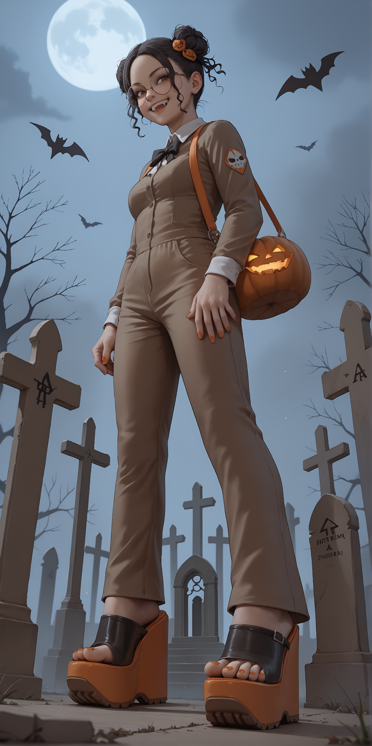 score_9, score_8_up, score_7_up, score_6_up, realistic,
wide angle, standing, low angle, foot focus, from side,
standing,
1girl, dark skin, goth, curly hair buns, round glasses, hair ornament, evil smile, fangs,
ï»¿(mega wedge heels:1.1), platform footwear, (black footwear:1.1),
orange romper, skintight clothing,
halloween scene, fog, cemetery, night,
orange toenail polish,
embedding:zPDXLrl ,
embedding:zPDXL2 ,