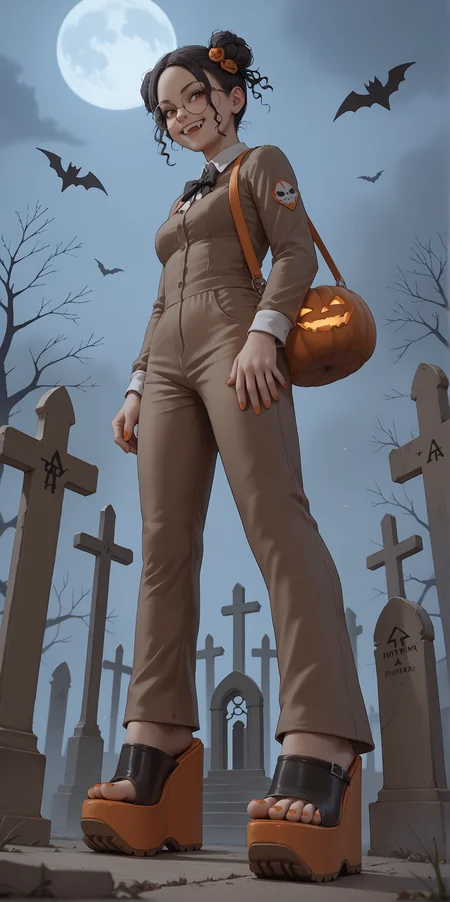 score_9, score_8_up, score_7_up, score_6_up, realistic,
wide angle, standing, low angle, foot focus, from side,
standing,
1girl, dark skin, goth, curly hair buns, round glasses, hair ornament, evil smile, fangs,
(mega wedge heels:1.1), platform footwear, (black footwear:1.1),
orange romper, skintight clothing,
halloween scene, fog, cemetery, night,
orange toenail polish,
embedding:zPDXLrl ,
embedding:zPDXL2 ,