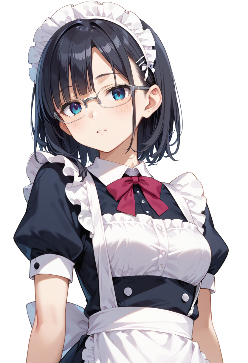 score_9, score_8_up, score_7_up, rating_safe, masterpiece, best quality, absurdres, unity 8k wallpaper, official art, official style, source_anime, uncensored, game cg, megami magazine,
1girl, solo, black hair, medium hair, upper body, covered eyes,maid, maid headdress, black dress, maid apron, face focus,
halfrim22A,  still life, white background, simple background, grey-framed eyewear,
 <lora:glasses_halfrim22A_PONY_V1:1>
