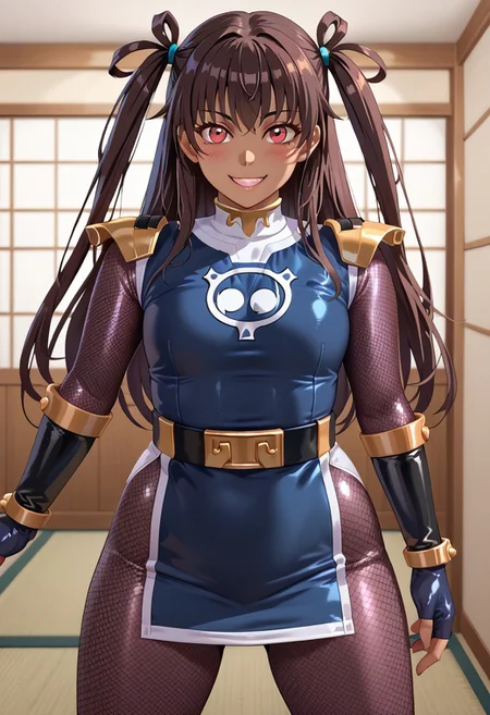 score_9, score_8_up, score_7_up, BREAK,
1girl, solo, defYuki, tan, dark-skinned female, brown hair, red eyes, two side up, long hair, sentaikageblue, shiny clothes, spandex, silver bodysuit, fishnet bodysuit, bodysuit under clothes, black dress, shoulder pads, black belt, black gloves, boots, boots, blush, small smile, looking at viewer, indoors, tatami, sliding door, room, night,