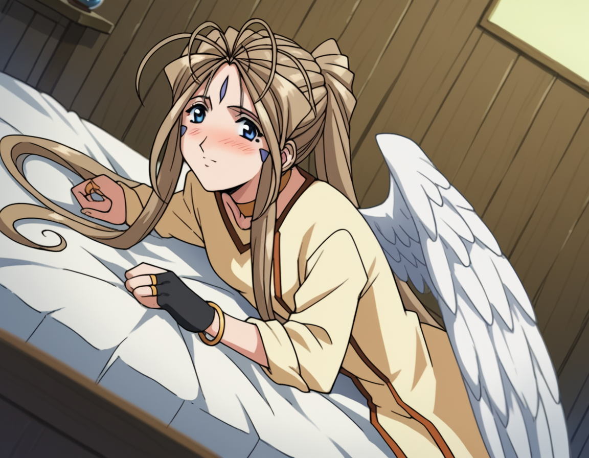 score_9, score_8_up, score_7_up, source_anime,
belldandy, <lora:belldandy-s2-ponyxl-lora-nochekaiser:1>,
belldandy, long hair, blue eyes, brown hair, facial mark, forehead mark,
gloves, wings, choker, fingerless gloves, bracelet, ring, feathers, angel wings,
indoors, bed, bed room, on side, blush, drunk,
cowboy shot, solo, dutch angle, looking at viewer,