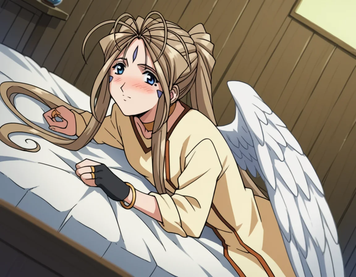 score_9, score_8_up, score_7_up, source_anime,
belldandy, <lora:belldandy-s2-ponyxl-lora-nochekaiser:1>,
belldandy, long hair, blue eyes, brown hair, facial mark, forehead mark,
gloves, wings, choker, fingerless gloves, bracelet, ring, feathers, angel wings,
indoors, bed, bed room, on side, blush, drunk,
cowboy shot, solo, dutch angle, looking at viewer,