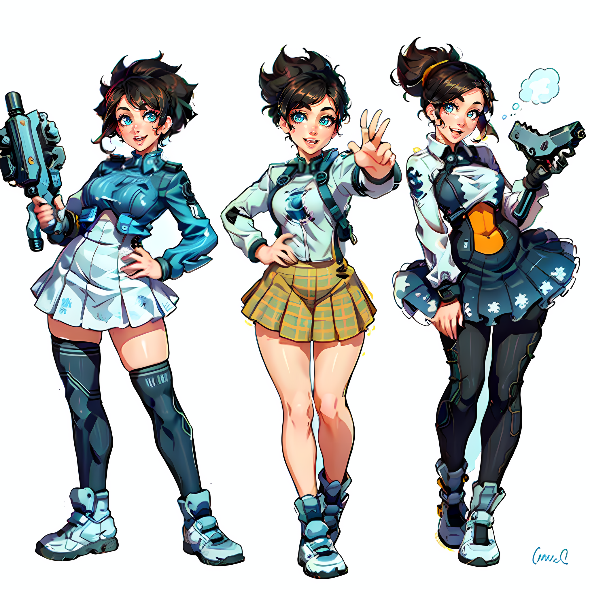 1girl, (MoreOutfits:1.5), (clothes variation, multiple views:1), (3views), full body, (skirt, shirt), curvy, looking at viewer, smile, :D, cute pose, (dynamic_pose:1.2), wide shot, (white background:1), 
(masterpiece:1.2), (best quality, highest quality), (ultra detailed), (8k, 4k, intricate), detailed eyes,
 <lora:MoreOutFits_Concept-10:1><lora:more_details:0.3> <lora:tracerLast:0.55> short hair,