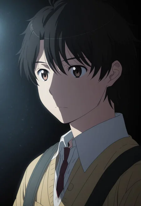 high resolution, solo, best quality, 1Boy, Inaho Kaizuka, Black Hair, Brown Eyes, cool, Mysterious black background, Movie lighting, a sense of atmosphere, OverallDetail