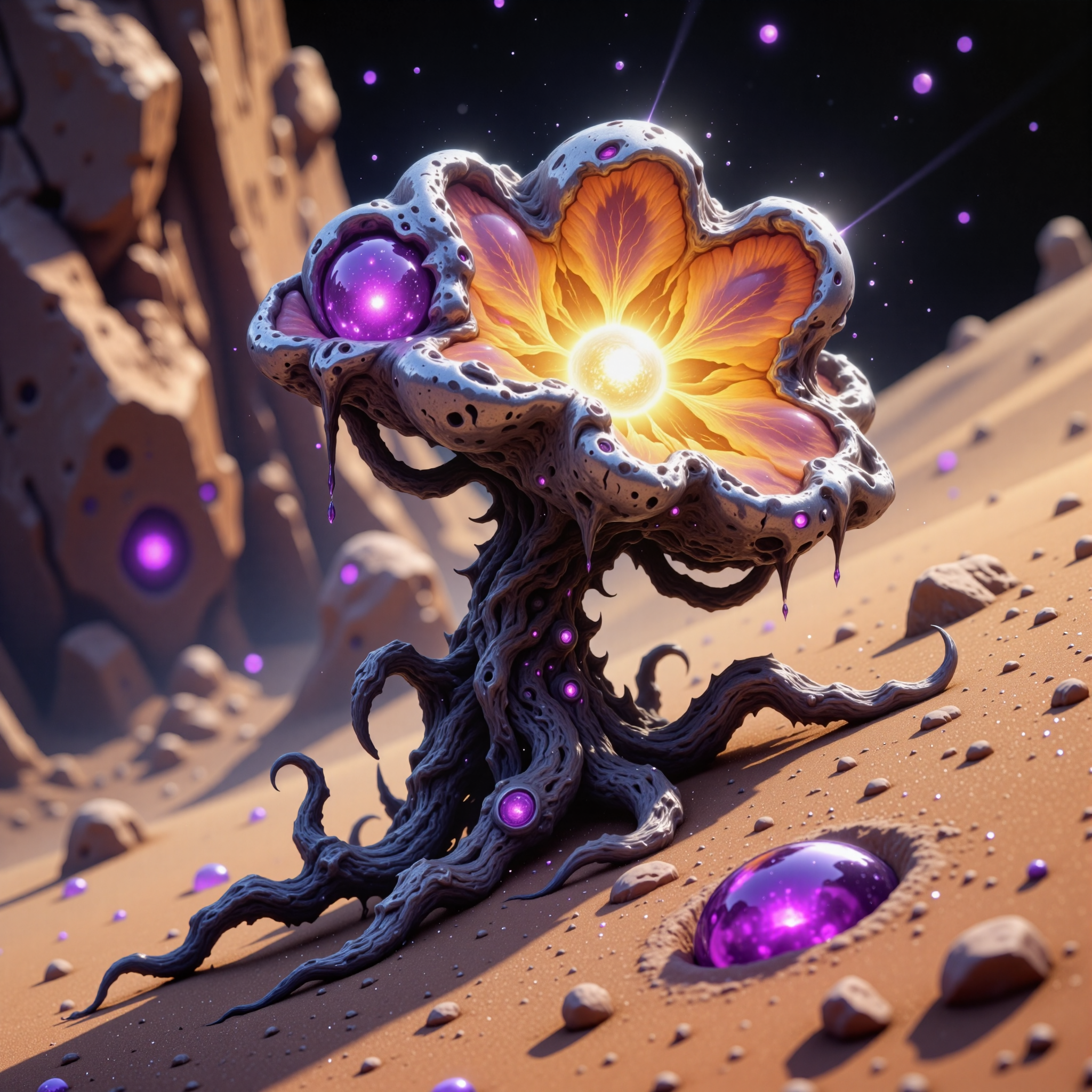 highly detailed, intricate, detailed background, award-winning macro photo, short depth of field, fractal art, in the inexplicable and mancfrubbled dunes of planet "flodderhome iii", the mind-bending diminutive "wispy honkshmaggler" with its zurbled iridescent bloom and long coiled tendrils harvests moisture from the sylvified air with delicate translucent membranes, dry biome, dappled sunlight, neon hues, golden ratio, in the style of ck-ovf, amanoer, arsmjstyle, dnddarkestfantasy, aidmafluxpro1.1, 
<lora:style-oneviolentfantasy-ep21-flux-by_chronoknight:0.68> 
<lora:style-yoshitaka_amano-elden_ring-flux-by_alicient:0.64> 
<lora:style-dnd_dark_fantasy-flux-by_arsmachina:0.44> 
<lora:flux_pro1.1_detailer-v0.2-flux-by_aidma:0.4>