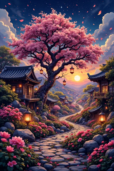 aidmafluxpro1.1
A serene landscape unfolds as the first spring night descends, casting a warm golden glow on the lush greenery. Delicate petals unfurl from the blooming flowers, gently swaying in the gentle breeze. The sky is painted with hues of blue and pink, a breathtaking sunset merging with the twinkling stars above. A lone tree stands tall, its branches adorned with lanterns, softly illuminating the path winding through the garden.
