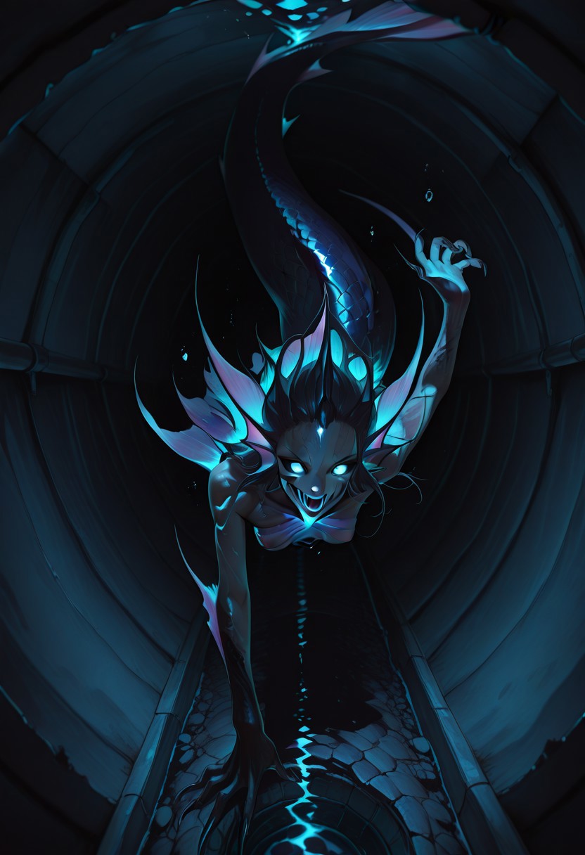masterpiece, absurdres, best quality, amazing quality, ultra-detailed, newest, extremely detailed, very aesthetic, 
ultra detailed, intricate detail, ultra sharp, 
exquisite detail, exciting background, 
rating_safe, sfw, 
BREAK, 
monster girl, mermaid, fang, open mouth, claws, 
evil smile, from side, from above, dynamic pose, 
Underwater, 
tunnel, sewer tunnel, reflection, creepy, dark, dirty,