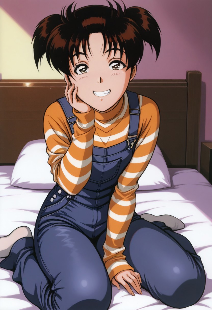 score_9, score_8_up, score_7_up, source_anime,masterpiece, best quality, retro_artstyle, 1990s_\(style\),official art,a girl,solo, Kindaichi Fumi,short_twintails,black_hair,black_eyes,(flat chests,overalls on striped_shirt,striped_sleeves),(detailed face and eyes),grin,looking at viewer,(sitting wariza),bedroom,on bed
