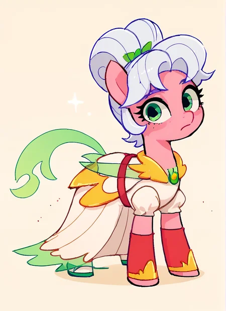 score_9, score_8_up, score_7_up, <lora:lunpiper:1>lunpiper , 1 girl , solo , white hair, doble high ponytail, double bun, green eyes, yellow Shoulder pads ,white dress, dress, red belt , red elbow gloves, yellow bracelet, looking at viewer, <lora:SyrupyyyArt:1>syrupyyy , (pony girl ,pony , horse girl,:1.1) all fours,