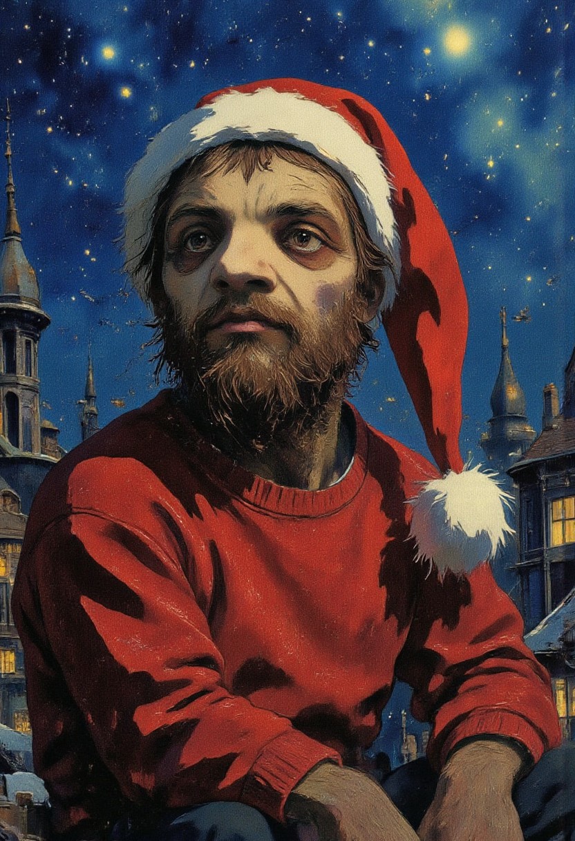 ck-sl0thmas, , anime style, impasto oil painting, spectral glow, chromatic grain, close up sloathmas, santa hat,red sweater,at Dusk,Techwear,50mm,Monochromatic dark yellow filter,golden hour,starry night in the background,