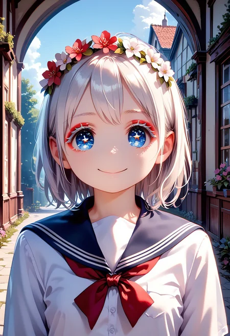 score_9, score_8_up, score_7_up, 1girl, okada style, masterpiece, best quality, ultra high res, smiling, happy, (detailed eyes:1.2), 8K, Best Quality, Masterpiece, Ultra High Resolution, (Realism: 1.4), Original Photo, (Realistic Skin Texture: 1.3), (Film Grain: 1.3), Sapphire Color Eyes and Beautiful Face Details, Highest Quality Picture Quality, white hair, blue eyes, (red eyeliner), (white eyeshadow), (white eyelashes) ,set in a fantasy world with sparkling stars, fantasy flower crown on her head, school uniform,messy, indoors, clutter, very aesthetic, scenery, outside, house, garden