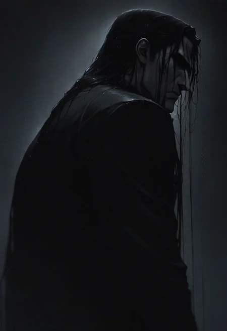 zPDXL2, score_9, score_8_up, score_7_up, source_anime, noir, portrait, mysterious goth man, mature nake, gloomy, sad, depressed, night city, long hair, wet hair, sideview, dramatic, view from below, best quality, dark theme, low light, best quality, bpe-illuminati, depth of field, dof