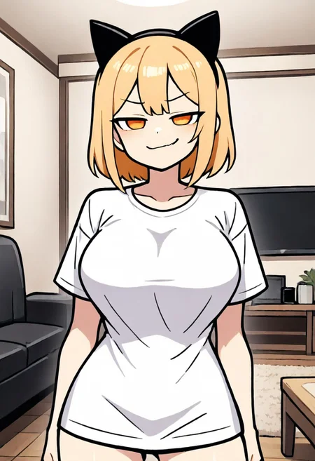 1girl, large breasts, smug, posing, blonde hair, fake black cat ears, white t-shirt, orange eyes, posing, looking at viewer, <lora:blurreal-NoobAI:0.85>, indoors, living room,
