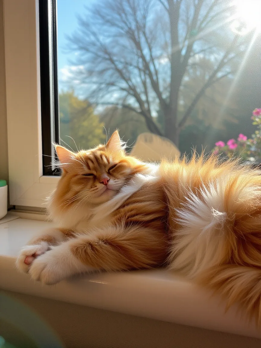 Fluffy cat sunbathing on a windowsill, warm light filtering through the window, casting soft shadows on its fur. Eyes closed, head resting on its paws, soft golden and white fur glowing in the sunlight. Outside, trees sway gently in the breeze, a few flowers visible through the glass. Cozy indoor scene, the peaceful warmth of the sun filling the room, the cat completely relaxed and serene.