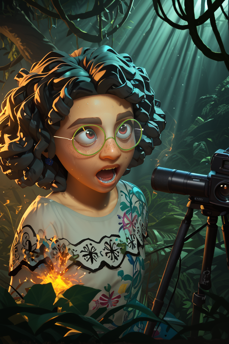 score_9, score_8_up, score_7_up, score_6_up <lora:Dramatic Lighting Slider:2>  <lora:Mirabel_Madrigal-_pony_101:0.8> m1rabel101 close-up of , her face radiating unhinged intensity, eyes wide freckles  and blazing with chaotic, multicolored sparks of magic, reflecting a fractured, prismatic glow. Her skin is lit by stark, cinematic contrasts: blinding golden light slicing across one side, clashing with deep crimson and indigo shadows that carve jagged patterns across her cheeks and brow. Her curly hair is a wild, glowing tangle, strands shimmering with an ethereal, almost electric aura, as if charged with the raw magic of the Encanto. Glistening sweat and faint glowing runes trace her skin, pulsing faintly. The background is a blurred, surreal jungle temple, with bioluminescent vines and chaotic light beams piercing the darkness, casting erratic shadows that dance across her face. Her expression teeters between fierce determination and manic glee, with a hint of unraveling madness. Hyper-detailed, 8k resolution, photorealistic textures, extreme chiaroscuro, vibrant yet haunting colors, every detail screaming surreal intensity."