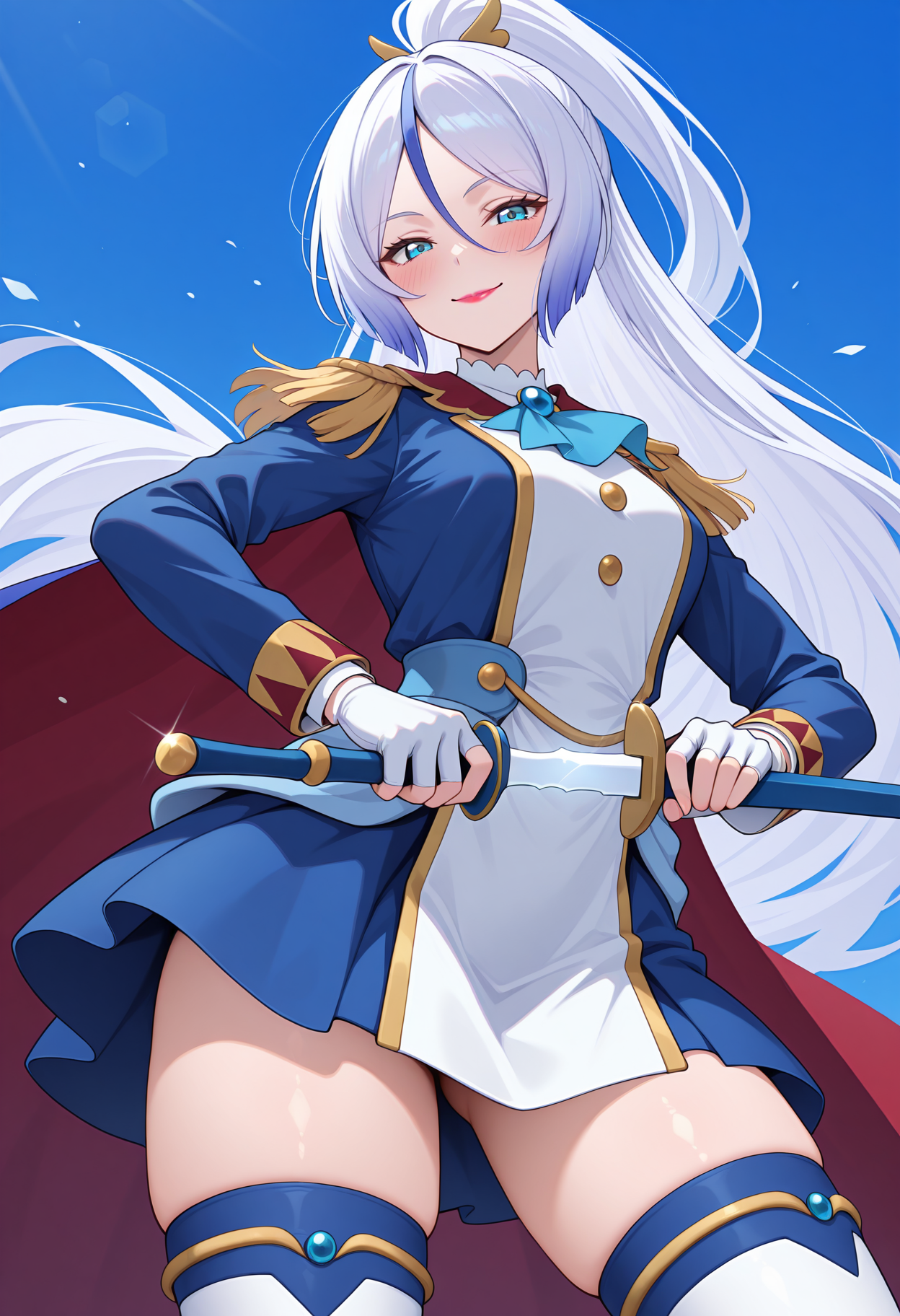 highres, best quality, masterpiece,
1girl, solo, blush,
 blue sky, purishla, white hair, very long hair, streaked hair, blue hair, ponytail, aqua eyes, lipstick, shladef, two-sided cape, uniform, blue dress, blue ascot, white tabard, epaulettes, long sleeves, white gloves, fingerless gloves, aiguilette, thighhighs, white thighhighs, holding sword, unsheathing, smile, looking at viewer, <lora:_captain_shalala-elesico-ilxl-000014:1>