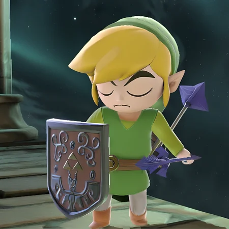 toonlink, smile, arrow (projectile), shield, male focus, tunic, holding, hat, closed eyes, star (sky)
