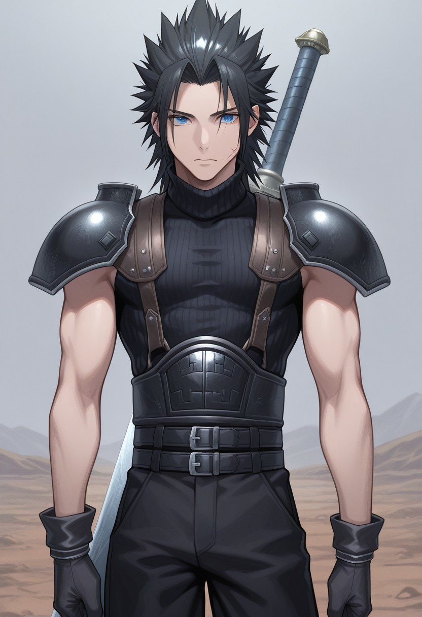 masterpiece,best quality,amazing quality, source_anime,
ZakkusuFea, 1boy, male focus, solo, blue eyes, black hair, spiked hair, medium hair, scar on cheek, shoulder armor, sleeveless turtleneck, gloves, black gloves, multiple belts, black pants, buster sword, outdoor,