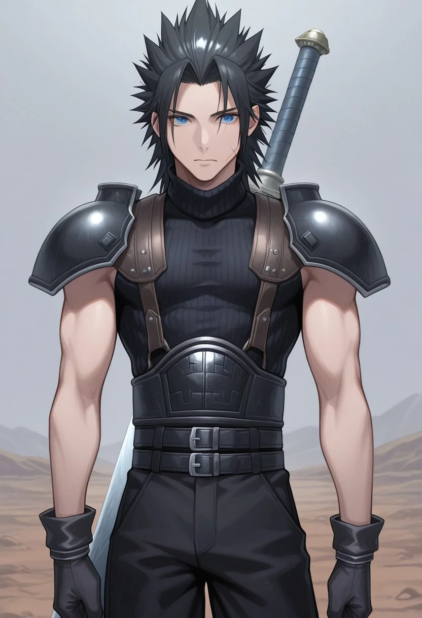 masterpiece,best quality,amazing quality, source_anime,
ZakkusuFea, 1boy, male focus, solo, blue eyes, black hair, spiked hair, medium hair, scar on cheek, shoulder armor, sleeveless turtleneck, gloves, black gloves, multiple belts, black pants, buster sword, outdoor,