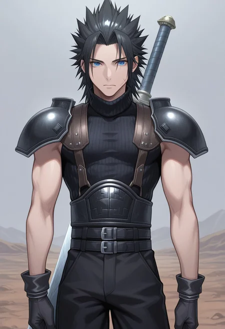 masterpiece,best quality,amazing quality, source_anime,
ZakkusuFea, 1boy, male focus, solo, blue eyes, black hair, spiked hair, medium hair, scar on cheek, shoulder armor, sleeveless turtleneck, gloves, black gloves, multiple belts, black pants, buster sword, outdoor,