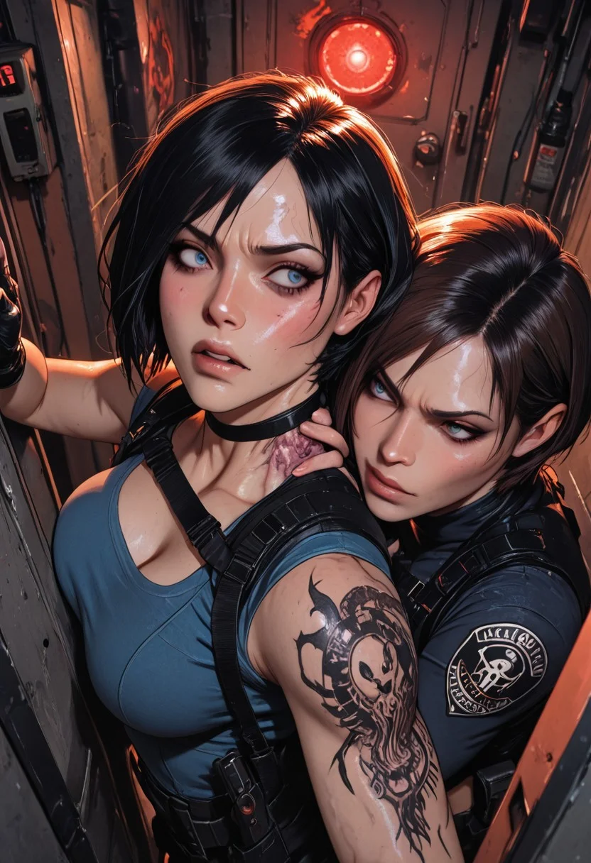 highres, very detailed, amazing quality, masterpiece,
very aesthetic,
particle effect,
2girls, jill valentine, ada wong, tough girl, strong face, toned arms, Covered in Tattoos, tattoo, neck tattoos, resident evil, harness, tactical gear, holsters, pistol holster, large breasts, choker, fingerless gloves,
leaning against wall, bunker hallway, blast door, alarms, alarm lights,
Pinned against wall, grabbed from behind, grabbing neck, pressed against wall, infected, bulging veins, bulging neck veins, looking at each other, veins glowing purple,
beautiful eyes, nervous, surprised, angry,
closeup, from above,